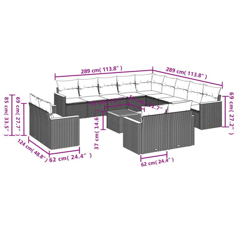 Ensemble de canapé de patio 14 pièces avec coussins en rotin de polyester gris