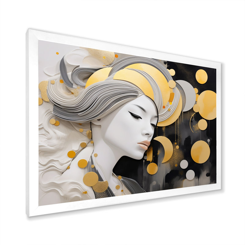 Portrait glamour doré d'une jeune femme élégante, H 34 po x l 44 po x P 1,5 po, Cadre simple blanc