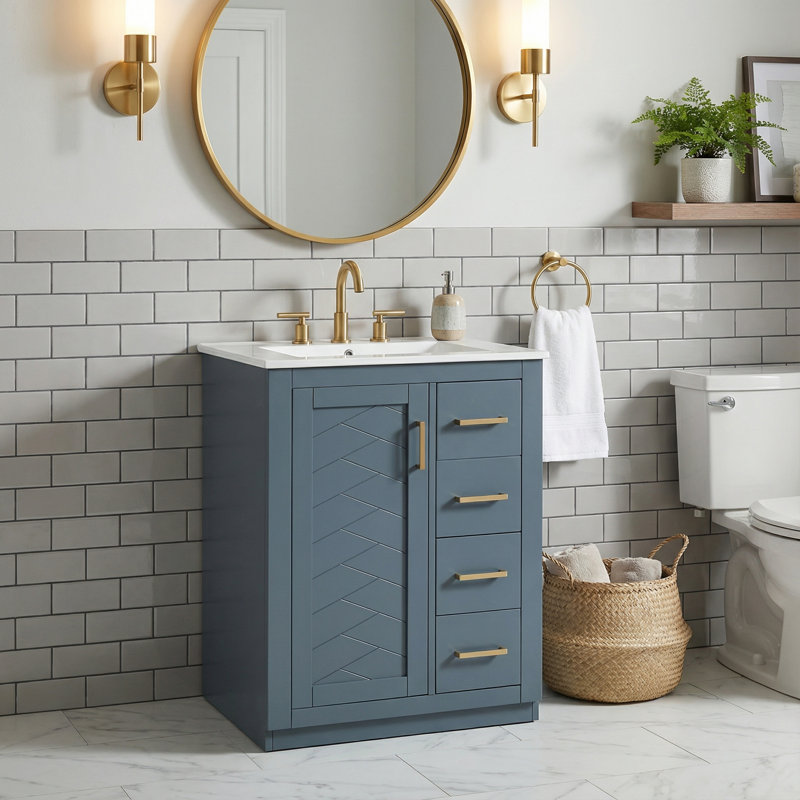 24" Modern Blue Bathroom Vanity with Integrated Sink, Geometric Textured Door, Soft-Close Hardware & Gold Handles, Blue