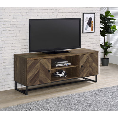 Style Tv Stand In Rustic Oak Finish With Square Metal And Trestle Support For Contemporary Living Areas 2-Door Entertainment Console Modern Design Functional Storage Rooms
