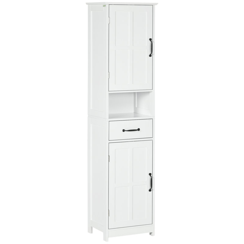 Armoire de rangement mince, armoire de salle de bain haute, tour à linge avec tablette ouverte, tiroir, portes encastrées et tablettes réglables, blanc