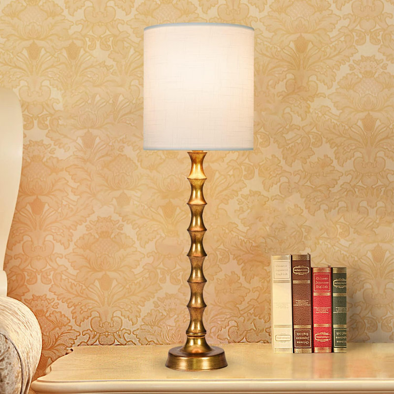30.5" Gold Bamboo Candlestick Buffet Lamps with White Shades