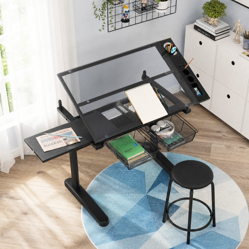 Modern Glass Drafting Table with Stool, Adjustable Height Art Desk with Tilt Top, Drawers & Slide-Out Shelf, Black