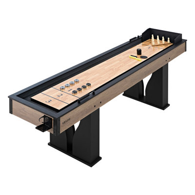 9 ft LED Shuffleboard Table, 2 in 1 Shuffleboard and Bowling Combo Set, Shuffle Board with Light‑Up Rails, Scratch-Resistant Playfield, 8 Pucks, Bowling Set, Wax, Brush, for Family Game Room