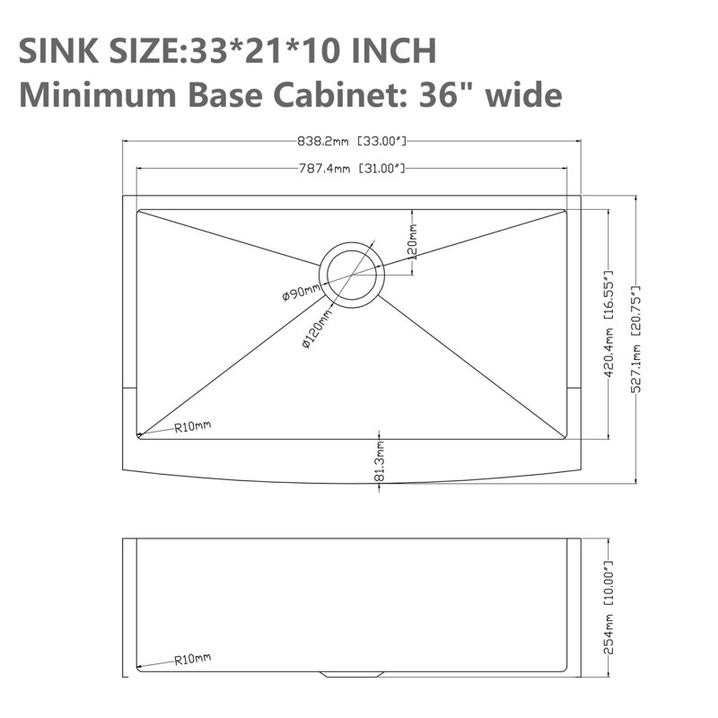 33'' L Farmhouse / Apron Single Bowl Stainless Steel Kitchen Sink, Gold