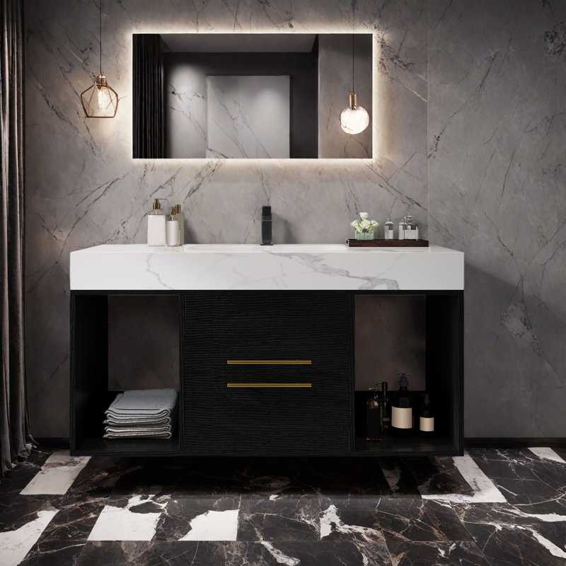 Meuble-lavabo mural 39,4 po avec lavabo en céramique, meuble-lavabo flottant, armoire de rangement murale avec 2 tiroirs et 2 espaces de rangement