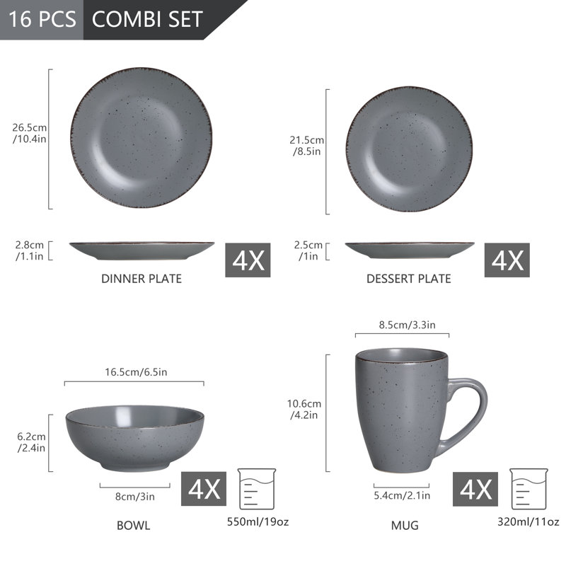 16 Piece Dinnerware Set, Service for 4 , Grey
