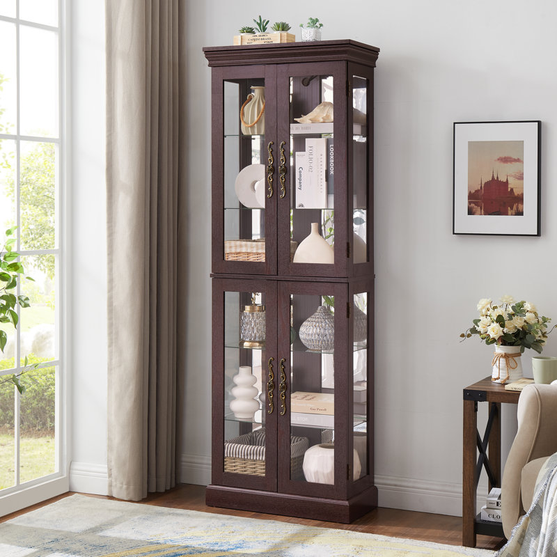 71.46" Freestanding Lighted Glass Curio Display Cabinet,Glass Wine Cabinet Wood Frame Toy Display For Living Room, Kitchen,Antique White