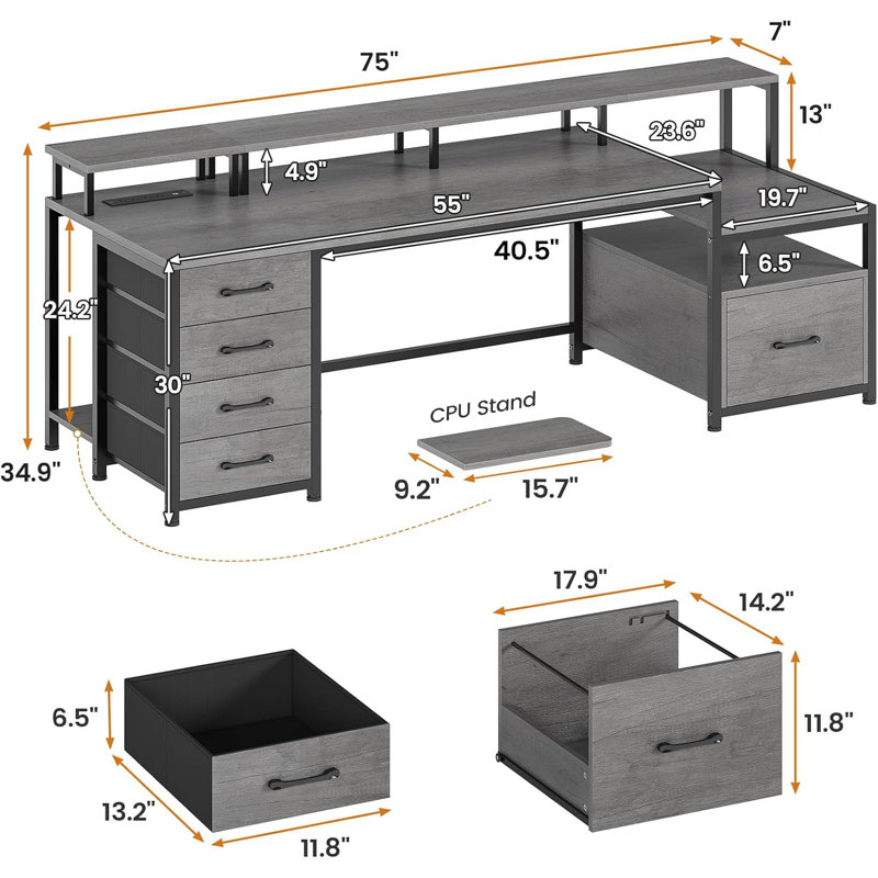 Moomal 75" W Computer Desk with LED Lights , Gray/Black