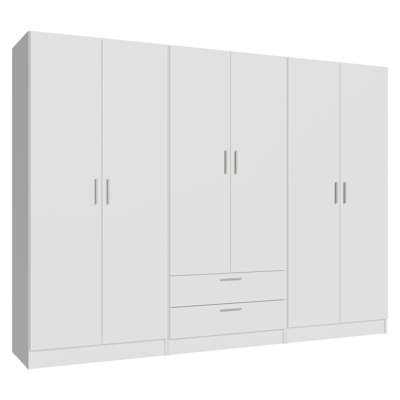 6 Doors 2 Drawers Wardrobe Set Armoire Closet Bedroom Storage Cabinet with Shelves and Hanging Space 94"L Wooden Clothing Organizer Unit -