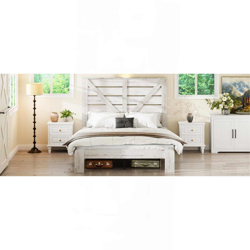 Tête de lit double, cadre de lit plateforme en bois, silencieux, aucun sommier nécessaire et outil d'assemblage facile, grand rangement sous le lit, blanc