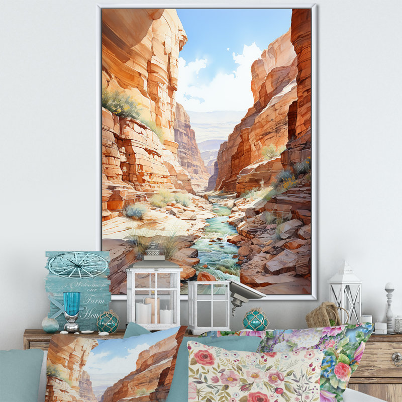 River by the Canyon Landscape I - Canyon, art mural sur toile, Cadre flottant blanc, H 32 po x l 24 po x P 1 po