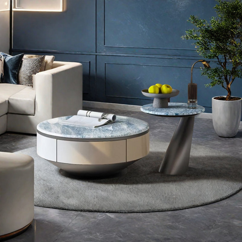 Round Blue Marble Coffee Table Set, 13.8" H x 31.5" L x 31.5" W