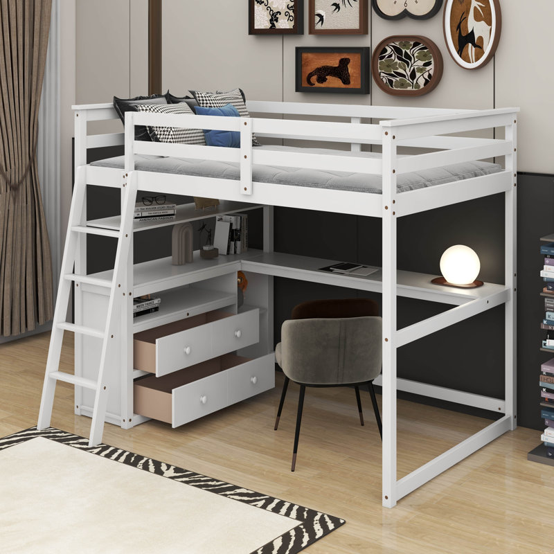 Lit mezzanine double avec bureau et tablettes, Blanc, Lit double
