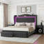 Ensemble de chambre à coucher 3 pièces, lit plateforme tapissier en velours avec éclairage à DEL et 2 tiroirs de rangement sous le lit, 2 tables de chevet avec tiroirs-749146476-749146479