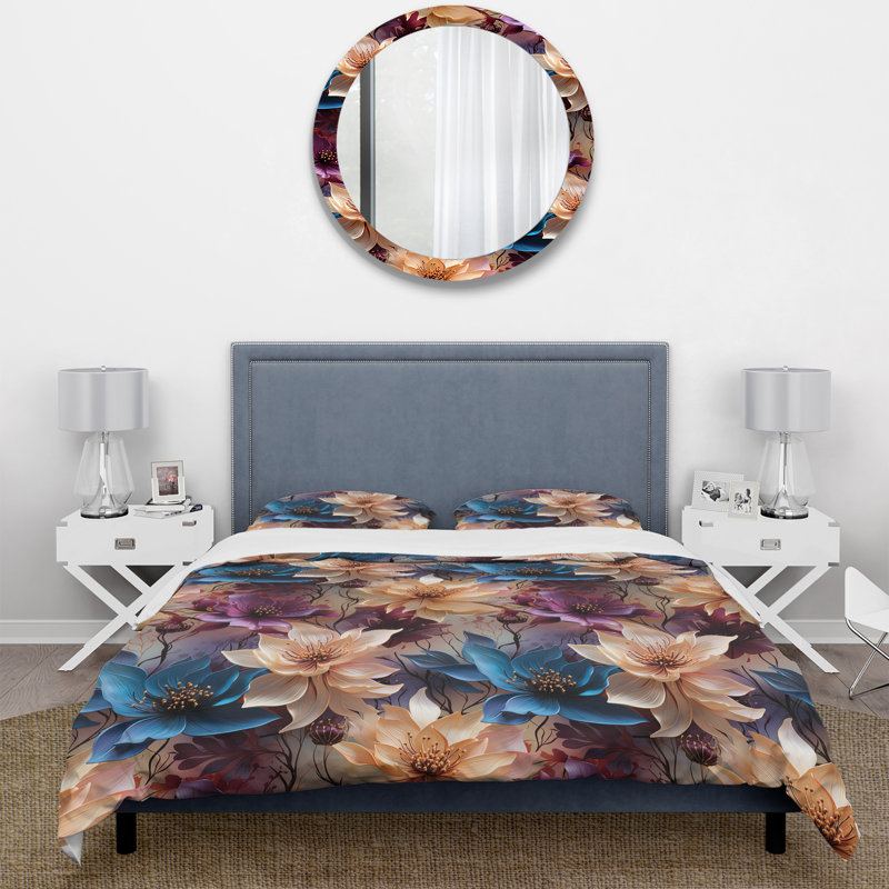 Ensemble de housse de couette Lotus bleu et beige métallique, Housse de couette pour grand lit et 2 taies décor