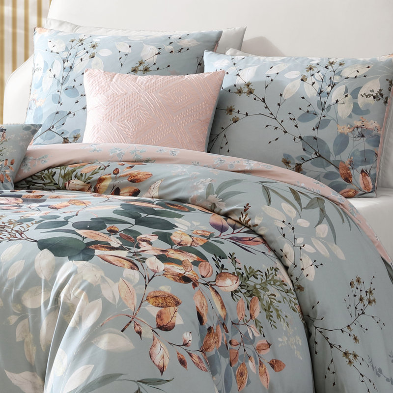 Bebejan Peach Leaves on Sage 100% Cotton Sateen 5 Piece Reversible Comforter Set, Queen Comforter + 2 Shams + 2 Throw Pillows