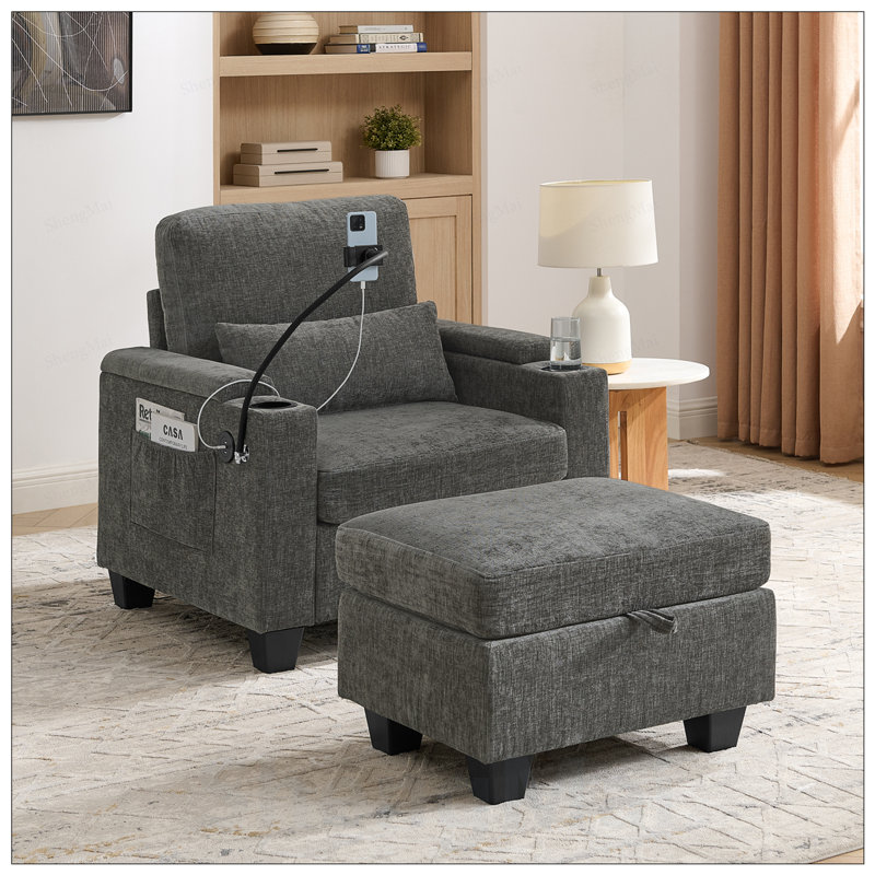 Canapé inclinable simple avec dossier réglable, charge USB, support pour téléphone, rangement pour accoudoirs et repose-pieds assorti