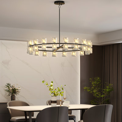  Lustre moderne en forme de roue de chariot 36 po noir avec abat-jour en cristal transparent (ampoules incluses)
