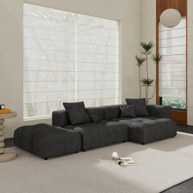 Canapé modulaire en tissu de lin avec repose-pieds 3 pièces Kay Crumley, Mélange de lin noir