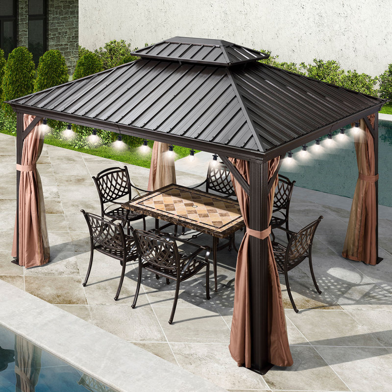 Pavillon de jardin à toit rigide mauve 10 pi x 13 pi avec filet et rideaux
