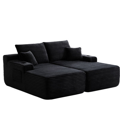 Canapé modulaire double à 2 places 69 po noir avec rembourrage en tissu et à ressorts pour un salon moderne, utilisation instantanée, aucun assemblage requis