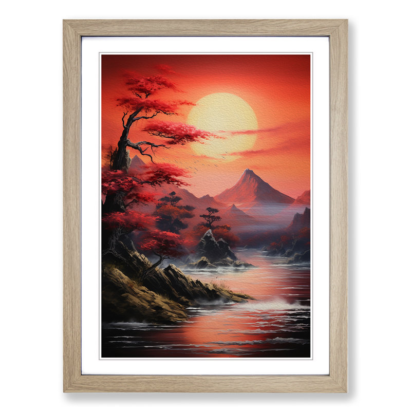 Japanese Sunset Action Painting - Framed Print, Oak Framed, 64cm H x 46cm W x 2cm D
