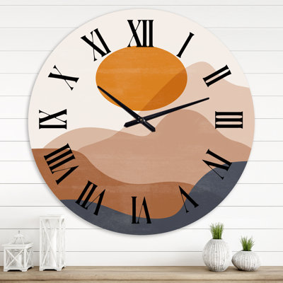 Abstract Red Moon In Earth Toned Mountains II - Modern wall clock