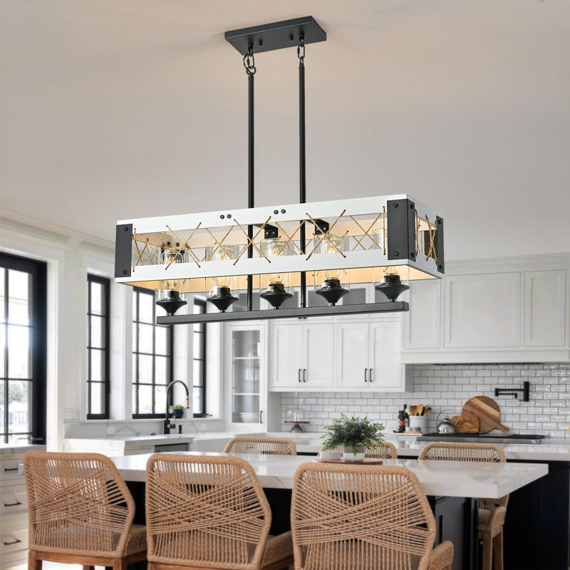Luminaire suspendu 5 lumières de style campagnard pour salle à manger, éclairage d'îlot de cuisine blanc rustique, lustres à hauteur réglable pour table de salle à manger de cuisine