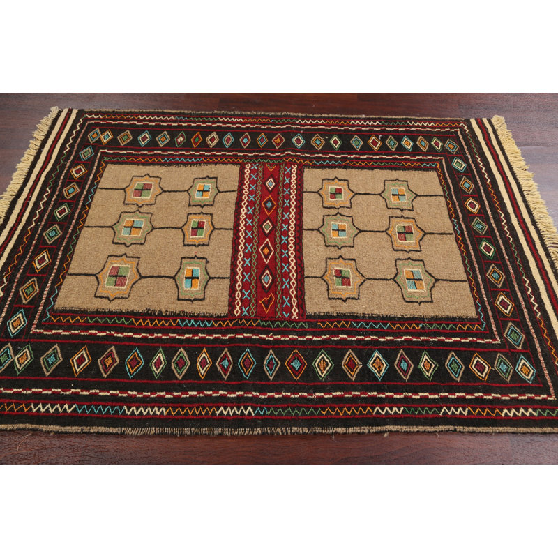 Tapis rouge / beige / brun fait à la main en laine Kilim