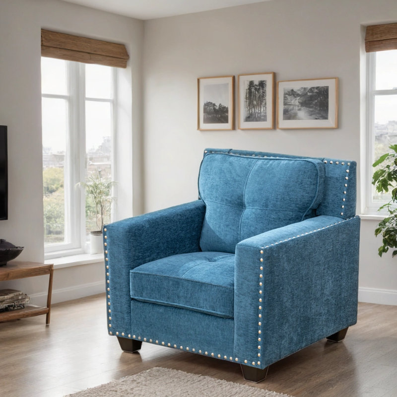 Fauteuil transitionnel rembourré 34,5 po avec garniture cloutée et coussins moelleux, Bleu