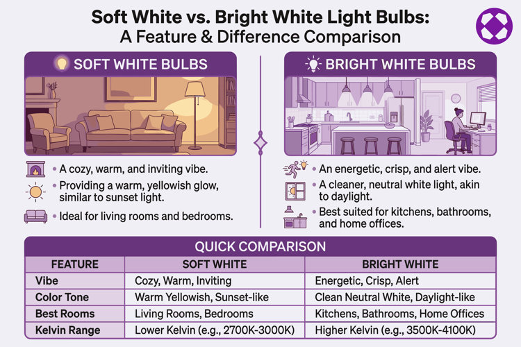 comparison chart of soft white lightbulbs and bright white lightbulbs, including vibe, color tone, best rooms, and kelvin range