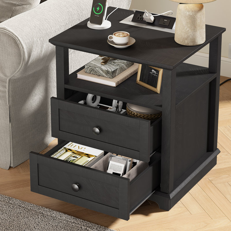 Ensemble de tables de chevet 2 tiroirs Danforth avec rangement et station de charge intégrée, Noir, noir, noir, noir