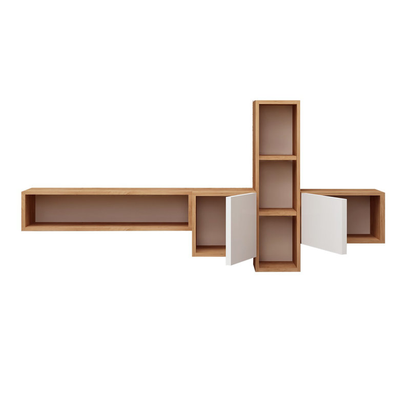 Modern TV Unit with Storage, Oak & White Finish, 63.0 x 27.6 x 13.8 inches | 100% Melamine Coated Particle Board, Thickness: 0.7 inches | Features Numerous Shelves, Wall-Mountable Design, Scandinavian Style