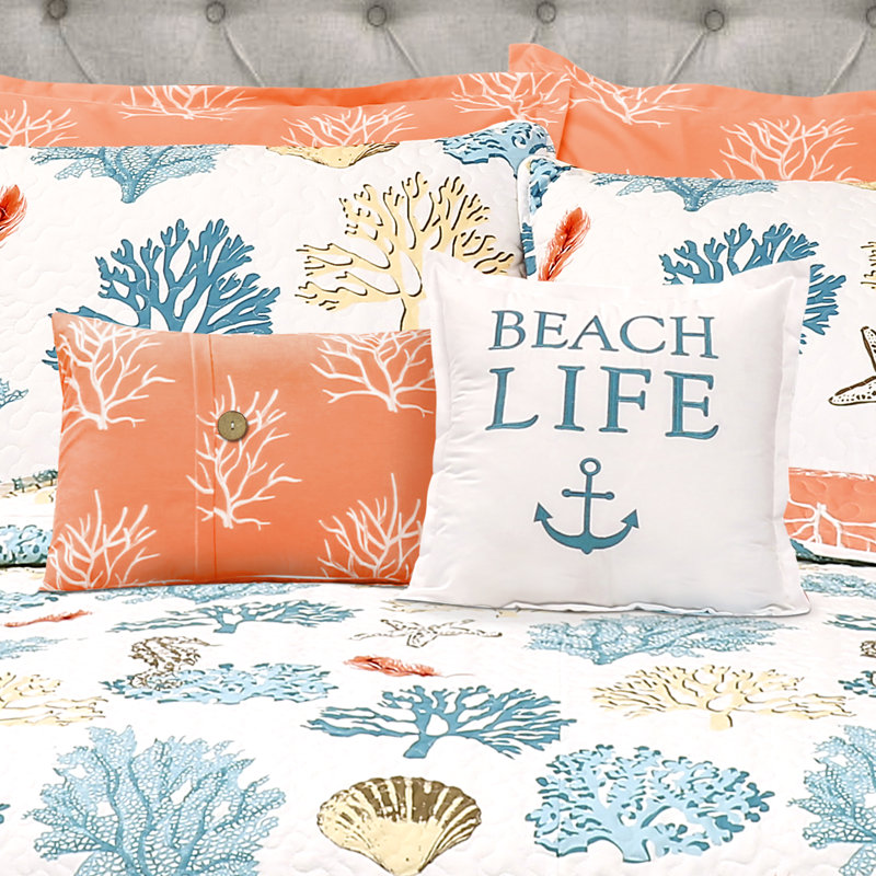 Coastal Reef Feather Reversible Quilt Set, King Quilt + 6 Additional Pieces