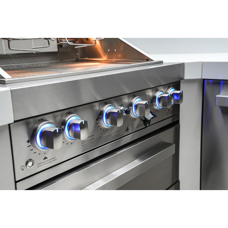 Mont Alpi 90 Degree Stainless Steel Outdoor Island Grill + Faucet & Sink + Refrigerator + Kegerator
