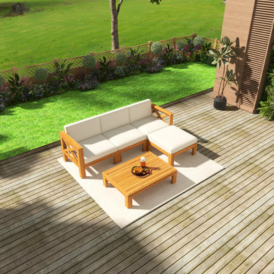 5-Piece Acacia Wood Patio Sectional Sofa Set, Natural Finish With Water-Resistant Cushions, Modular Outdoor Seating Group，Beige