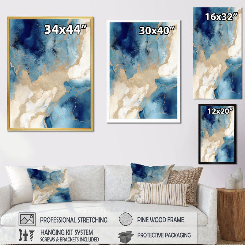 «Blue and Gold Marble Clouds», reproduction d'art sur toile encadrée, H 44 po x l 34 po x P 1,5 po, Cadre flottant noir