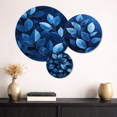 «Navy Leaves Echoes Of The Forest Floor I - Leaves», art mural en métal 3 pièces
