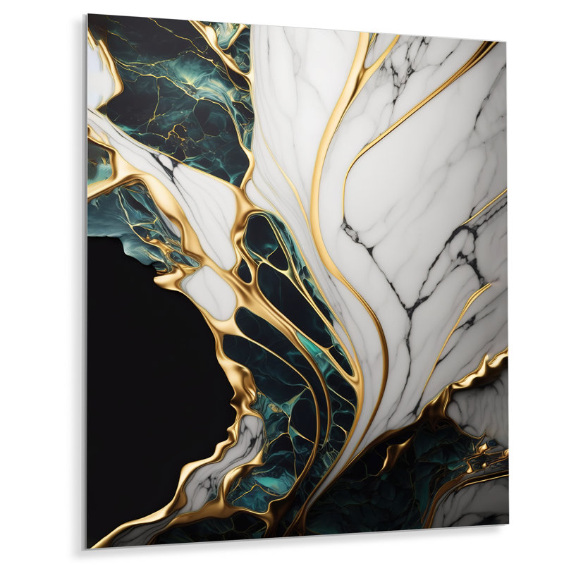 Géode abstraite marbre doré et vert III - décoration murale abstraite en marbre en métal, H 44 po x l 34 po