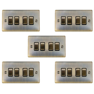 5 PACK 4 Gang Quad Light Switch ANTIQUE BRASS 2 Way 10A Black Trim