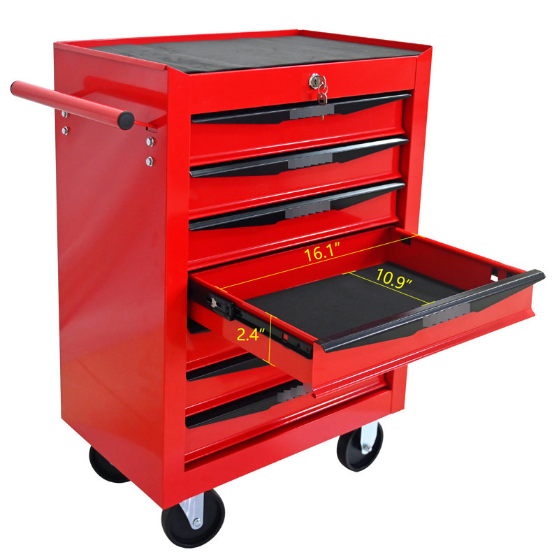 Coffre à outils rouge et noir de 20 po avec 7 tiroirs, glissière à roulement pour action en douceur, 4 roulettes verrouillables, espace de rangement à clé 20 po, coffre, glissière, espace
