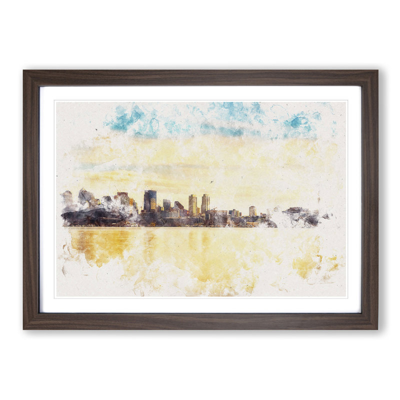 Reflection of the Seattle Skyline - Picture Frame Painting Print, 24cm H x 33cm W x 2cm D, Walnut Framed