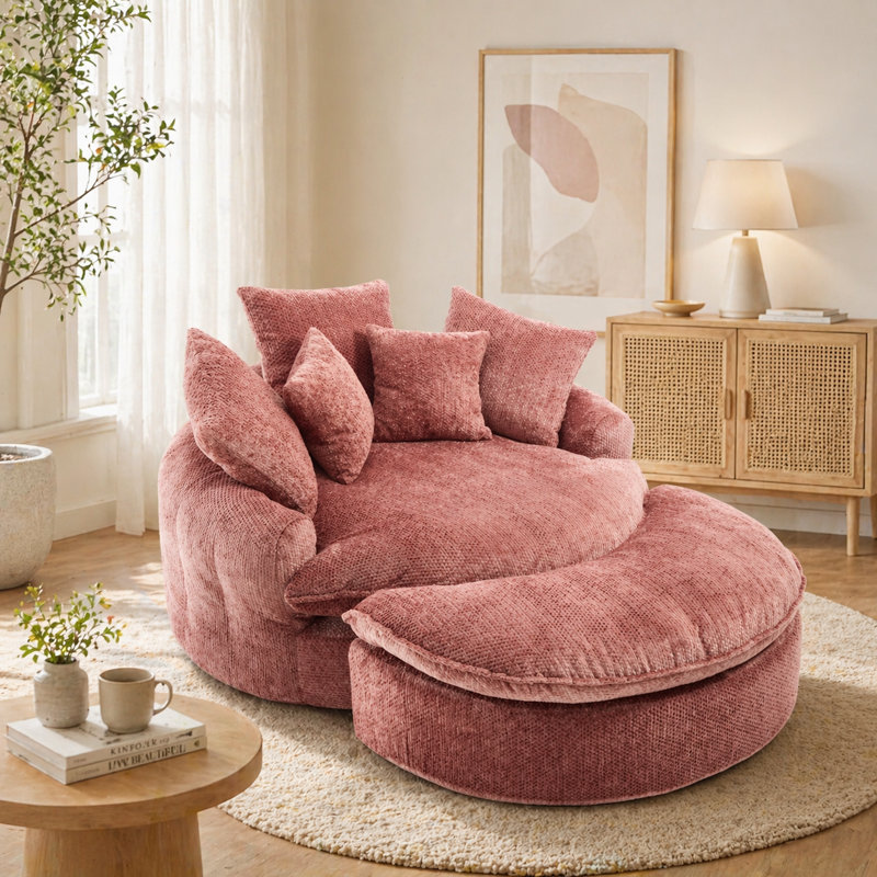Fauteuil d'appoint rond surdimensionné de 55 po, canapé-lit 2 en 1 avec coussins et repose-pieds, méridienne moderne rembourrée en polyester doux pour le salon et le cinéma maison