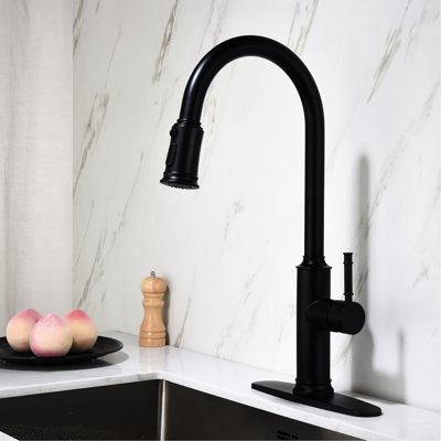 Robinet de cuisine extractible en acier inoxydable noir mat: buse rotative à 360 °, résistance à la corrosion et à la rouille, système de contrôle de l'eau à poignée simple avec - noir: acier, traitement de résistance rotatif