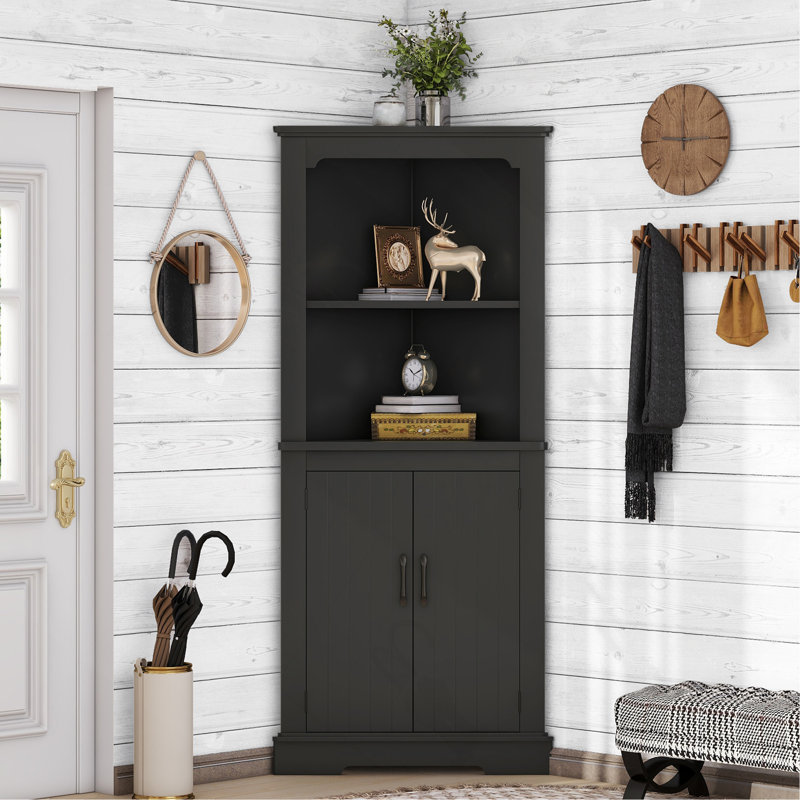 Tall Corner Cabinet With Doors For Living Room, Bathroom,Dining Room Or Kitchen,Black, Black