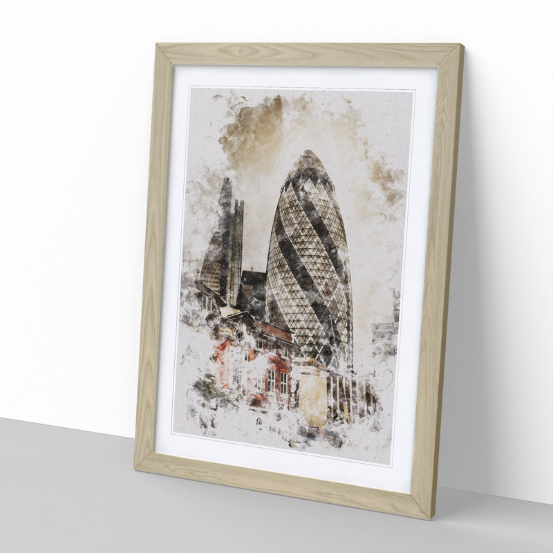The Gherkin in London Watercolour - Picture Frame Graphic Art, 48cm H x 36cm W x 2cm D, Oak Framed