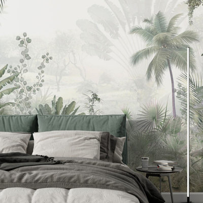 Soft Green Tropical Jungle Wall Mural | Misty Palm Forest Wallpaper | Non-Woven or Peel and Stick
