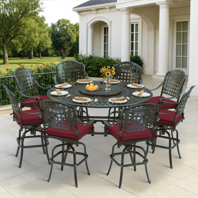 10-Piece Outdoor Bar Set, All Weather Cast Aluminum Patio Bar Furniture With 8 Cushioned Swivel Bar Stools, Large 60.98" Round Patio Bar Height Table