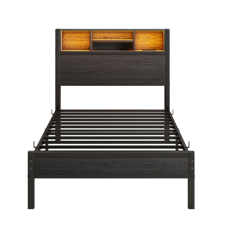 Twin Bed Frame with Storage Headboard, Metal Platform Bed with Charging Station, Bookcase & Underbed Storage, No Box Spring